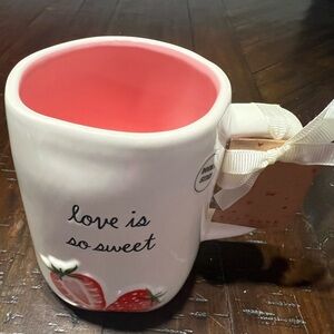 Rae Dunn Love Is So Sweet White and Pink Double Sided Ceramic Strawberry Mug